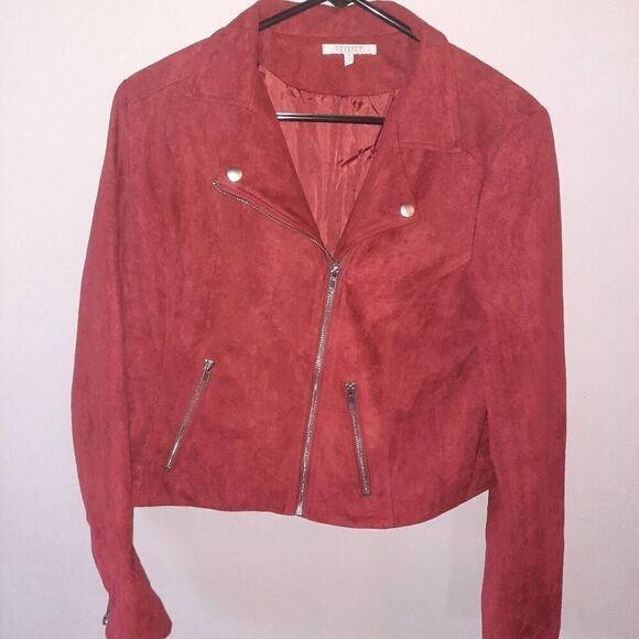 Buckle Veveret Faux Suede Red Moto Jacket - Picture 1 of 6